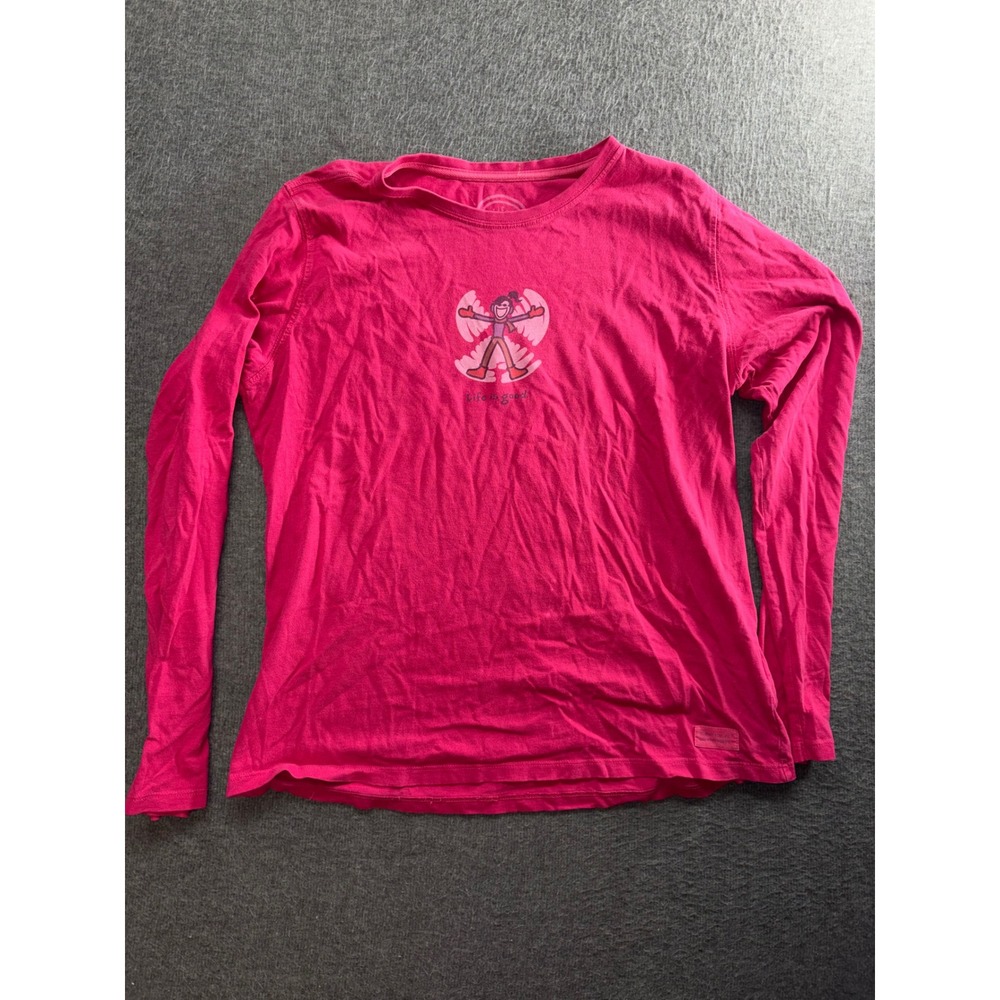 Life is Good Womens Pink Snow Angel Graphic Long Sleeve Relaxed Fit Tee M
